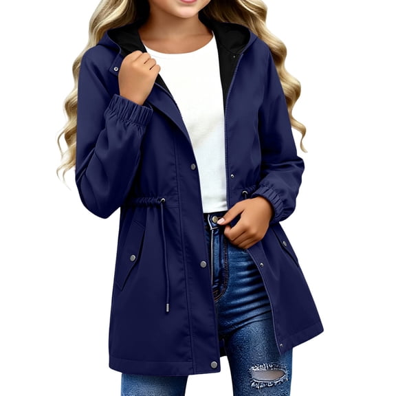 Girls Long Coat Fall Hooded Waterproo𝐟 Windproof Long Sleeve Kids Boys Zip up Rain Jacket Lightweight Outdoor Tactical Jacket