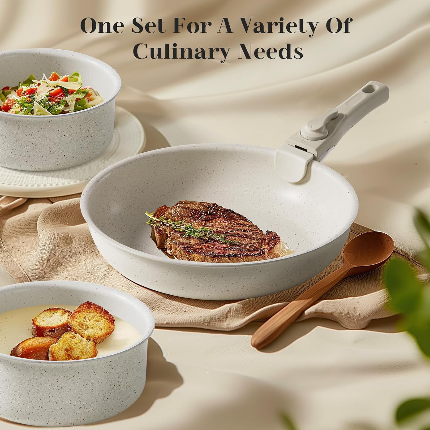 12-Piece Nonstick Pots and Pans Set, Stackable Kitchen Cookware Sets with Removable Handle, Induction Compatible, Beige