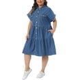thumbnail image 4 of Agnes Orinda Women's Plus Size Denim Babydoll Dress Short Sleeve Button Down Tiered Hem Casual A-line Jean Dresses with Pockets 1X Blue, 4 of 6