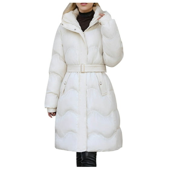 XPMWRP Women's Quilted Thicken Hooded Trendy Coats Solid Color Long Sleeve Fashion Zip Up Coats Winter Warm Loose Stand Collar Jacket with Belt White XXL
