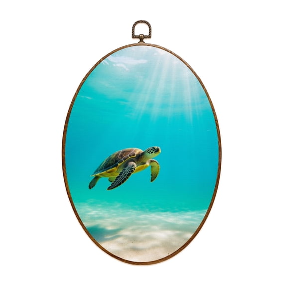 Oval Framed Wall Art Beautiful Hawaiian Green Sea Turtle Canvas Wall Art Oval Vintage Wall Decor Prints Hanging Decor for Home Bedroom Living Room Office 8"x11.4"