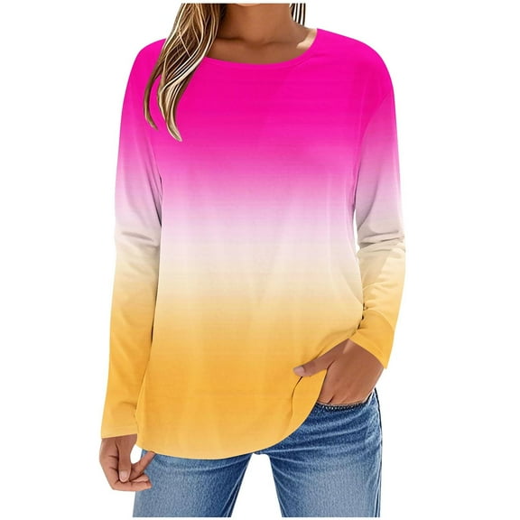 Hrsba Womens Fall Winter Casual Top,Women Casual Tops Ladies Tops Round Neck Long Sleeve Gradient Print T Shirt Tops