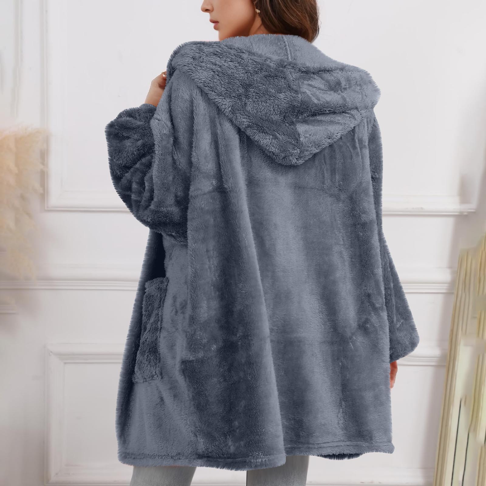 Women and Men Hooded Fuzzy Cardigan, Unisex Oversized Loungewear Fuzzy Fleece Blanket Hoodie Outwear Jacket with Pockets Gray L