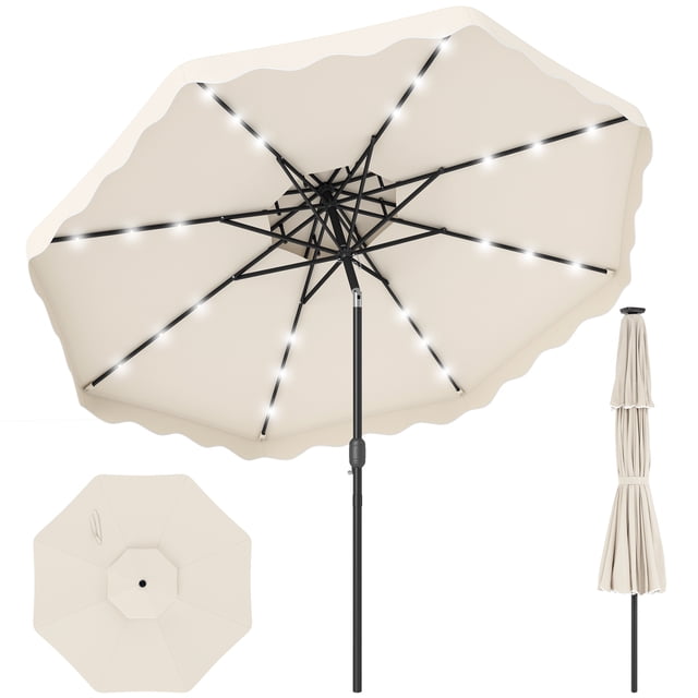 Gymax 9 FT Solar LED Outdoor Umbrella Push-Button Tilt & Crank 24 LED Lights & 8 Ribs Beige