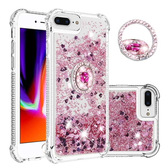 Funda para iPhone 8 Plus/iPhone 7 Plus con Brillo Líquido Flotante, Purpurina, Parachoques y Anillo Giratorio Soporte