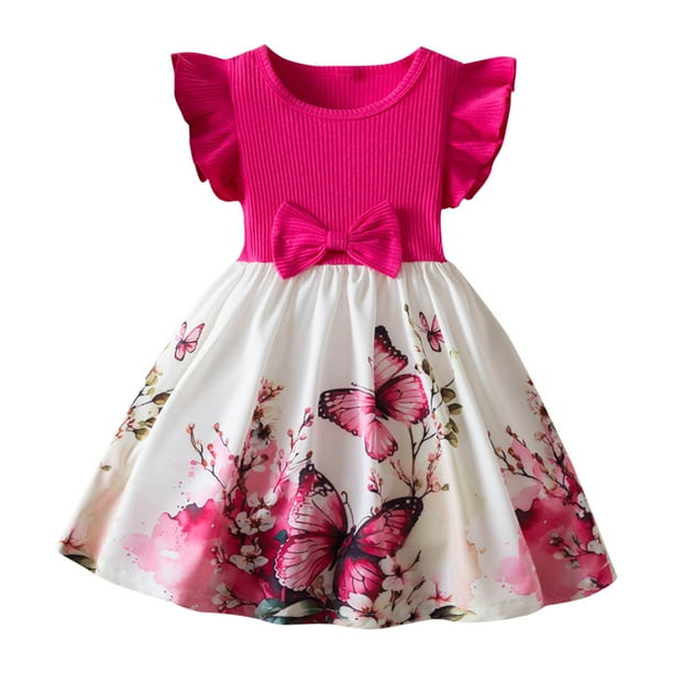 Odeerbi Niñas Rib Knit Floral Vestidos Verano Ruffle Manga Lazo Princesa Vestido Sin Mangas Cuello Redondo