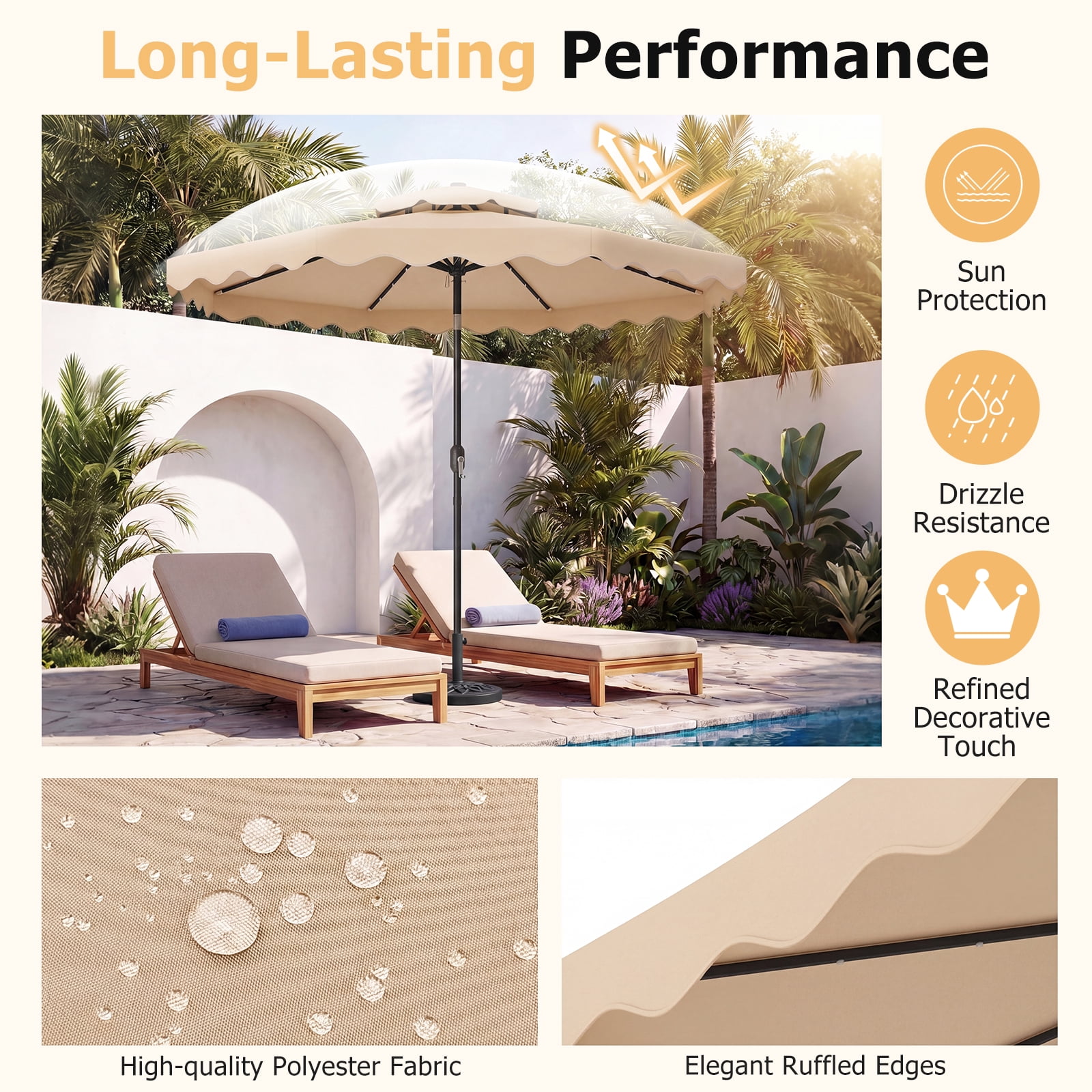 Costway 9 FT Solar LED Patio Umbrella, Push-Button Tilt & Crank, 24 LED Lights & 8 Ribs Beige