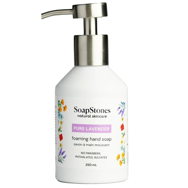 Jabón de manos espumoso Soapstones - Lavanda pura - 250 ml - Fórmula hidratante suave e hidratante en una botella recargable - Jabón de manos en espuma con infusión de aceite esencial