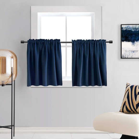 DONREN Navy Blue Blackout curtain Panels for Small Window - Thermal Insulated Room Darkening Rod Pocket Tiers for Bedroom (42 by 30 Inch 2 Panels)