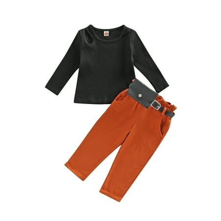 

Ma&Baby Kids Baby Girl Autumn Outfits Long Sleeve Ribbed Pullover Tops Pants with Black Waist Bag Suit