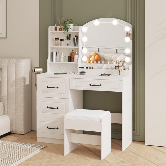 White Vanity Desk with Mirror Light and Charging Station, Makeup Vanity with 4 Drawers Lots Storage ,3 Lighting Modes Adjustable Brightness