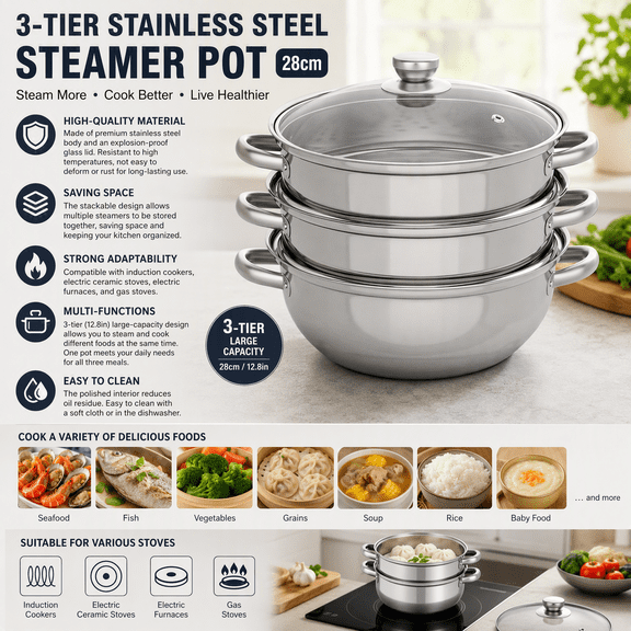 Three-Tier Stainless Steel Steamer 12.8in, 3-Layer Food Steamer with Glass Lid, Multi-Purpose Cookware for Induction Gas Electric Stove, Dishwasher Safe