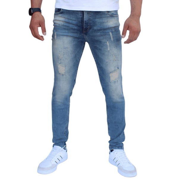 Pantalón rasgado de mezclilla stretch John Silver Corte skinny Color azul vainilla