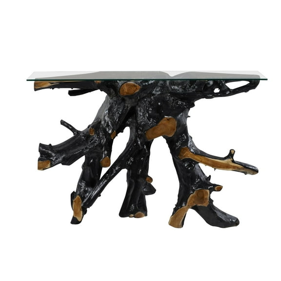 DecMode 49" x 32" Black Teak Wood Handmade Live Edge Tree Stump Console Table with Clear Glass Top, 1-Piece