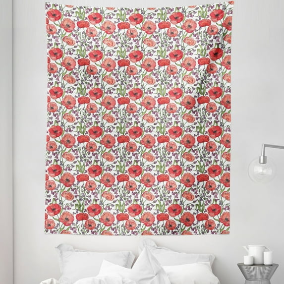Flower Tapestry, Poppy Blossoms Burgeoning Flourish on Ornamental Field Garden Theme, Fabric Wall Hanging Decor for Bedroom Living Room Dorm, 5 Sizes, Multicolor, by Ambesonne