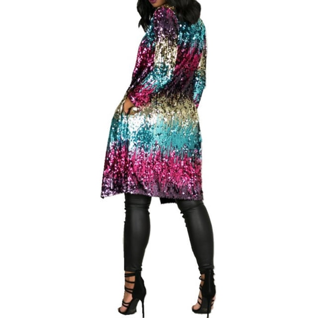 Baberdicy Cardigan pour Femmes, Veste à Sequins, Manches Longues, Décontractée, Brillante, Col à Revers, Manteau de Fête, Trench-Coat Rave pour Femmes