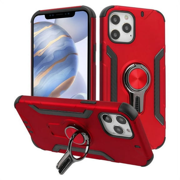 Apple iPhone 12 Pro, iPhone 12 /6.1" Ring Stand Hybrid Rugged Heavy Duty Armor 2 layers with Car Air Vent Rotation Ring Holder fit Magnetic Car Mount [Red] Phone Cover for iPhone 12 /12 PRO