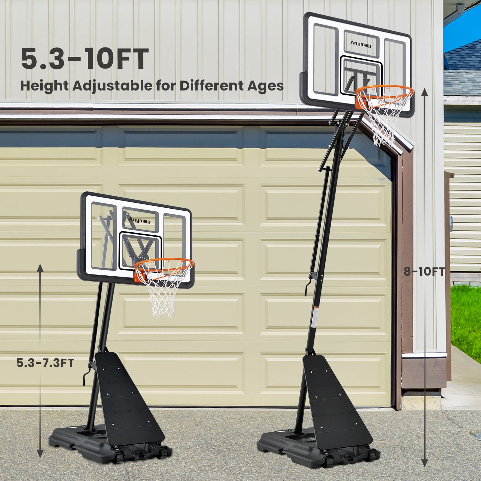 Basketball Hoop Outdoor 44-48Inch Impact Backboard, 5.3-10FT Height Adjustable Basketball Hoop Goal System with Portable Wheels for Adults