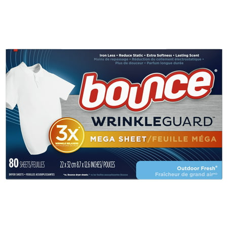 Bounce WrinkleGuard Mega Dryer Sheets, Fabric Softener and Wrinkle Releaser Sheets, Outdoor Fresh Scent, 80