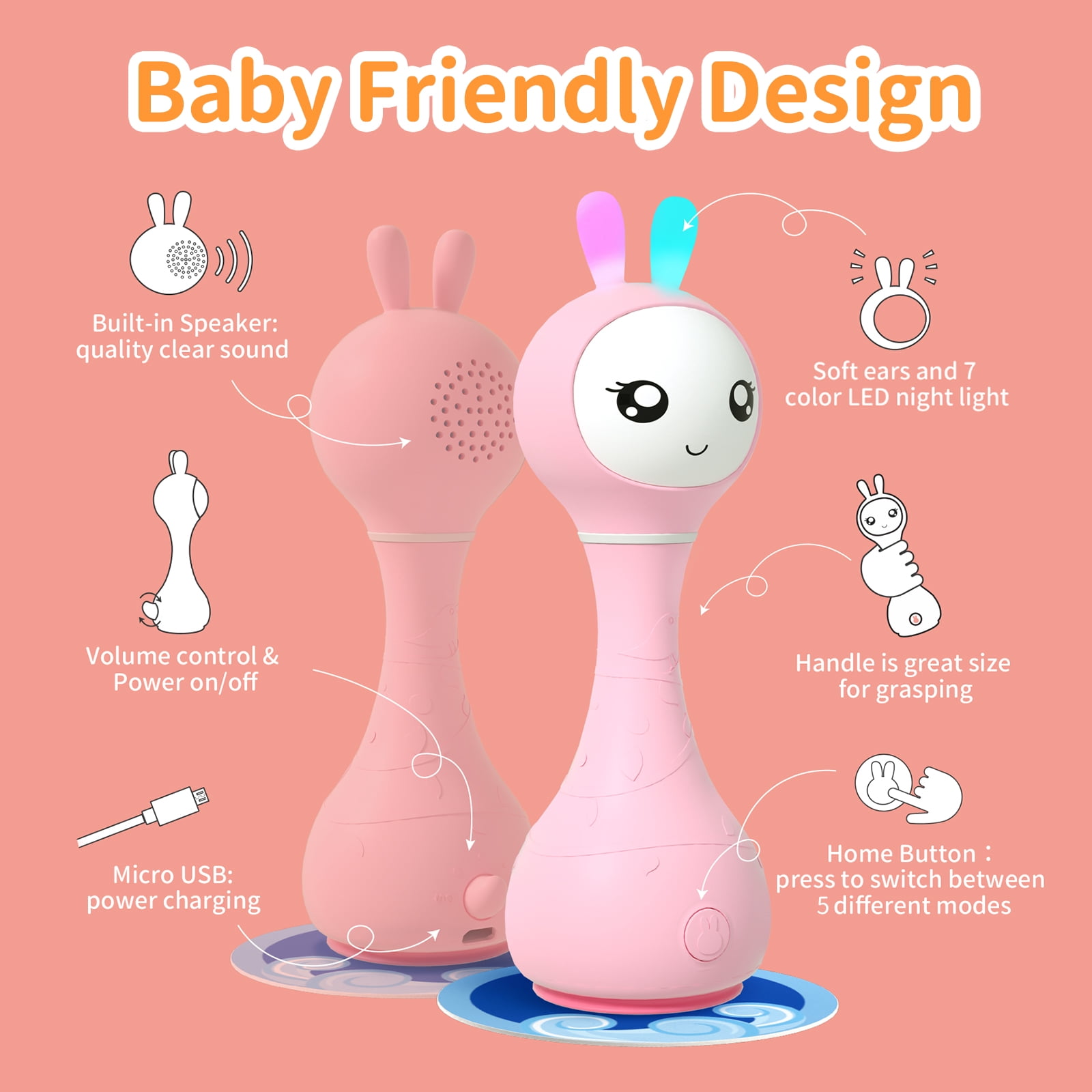 alilo Smarty Bunny Baby Rattle - Infants Musical Light up Toys for 0-24 Months - Nursery Rhymes, Stories, White Noise, and Colour Recognition - Newborn Gift