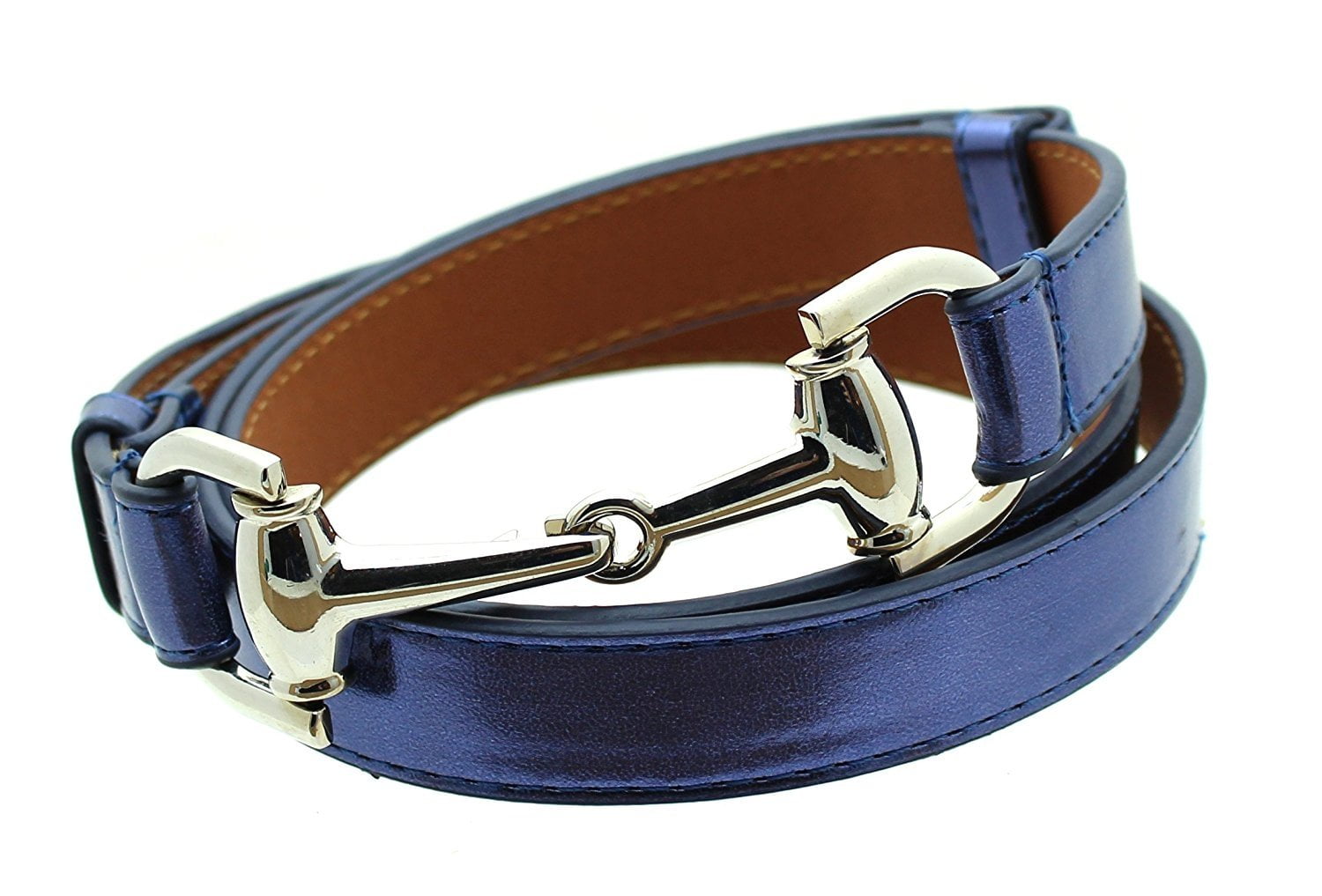 Womens Thin Skinny Metal Tone Leather Belt Horsebit Buckle Adjustable