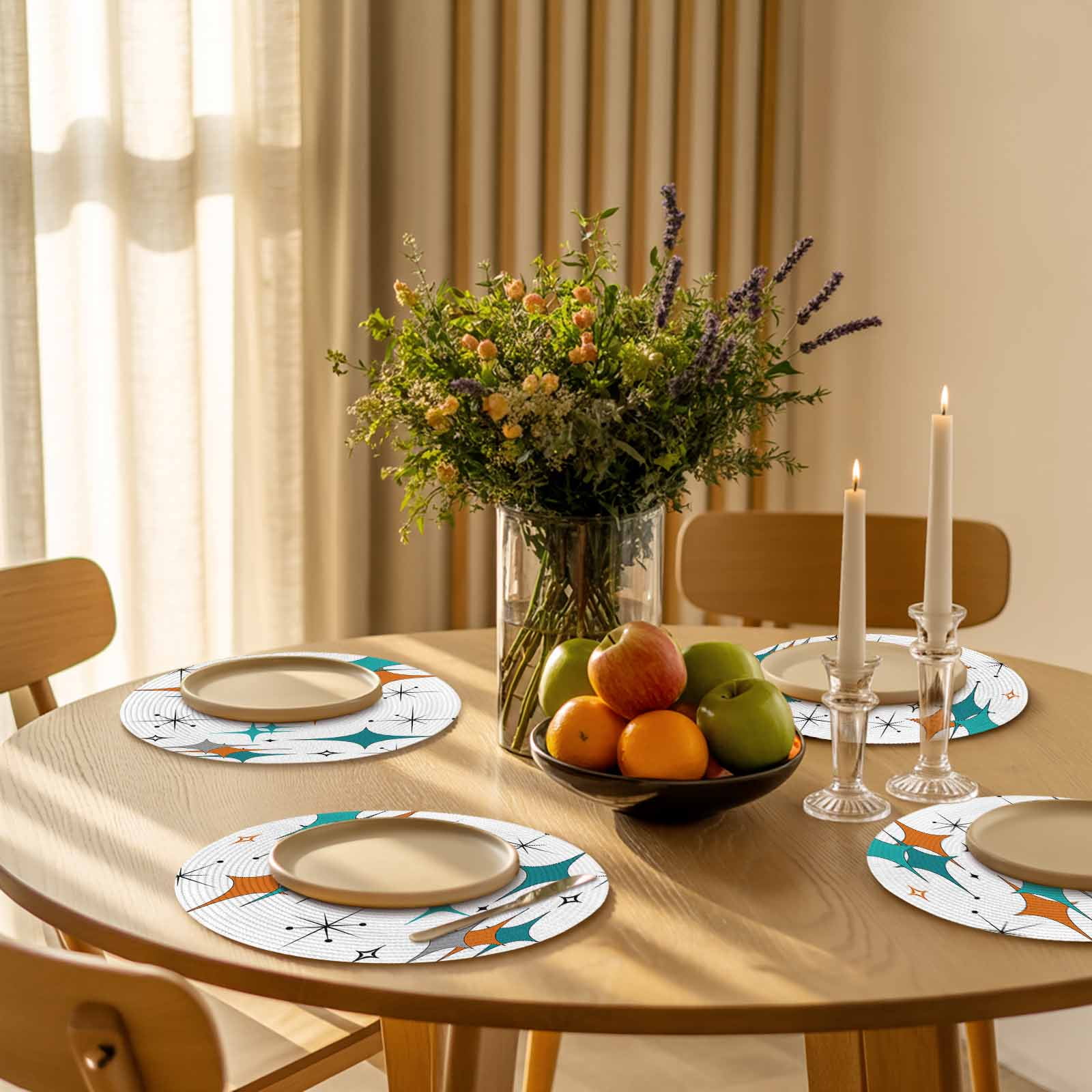 Mid Century Modern Round Table Placemats set of 8, Turquoise Orange Grey Washable Woven Place Mats for Dining Tables Kitchen Party Decor,Heat Proof, 15in,