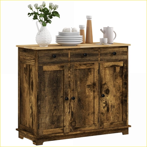 Sideboard, Modern Rustic Brown Storage Cabinet with 3 Drawers, Adjustable Shelf | Solid Rubber Wood Top | Engineered Wood Frame