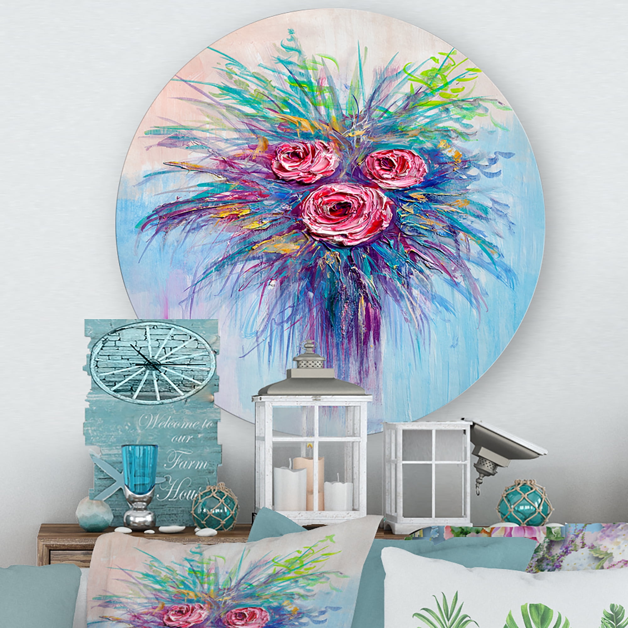 Designart 'Bouquet Of Red Roses In A Vase On Blue' Traditional Circle Metal Wall Art 11x11 - Disc of 11