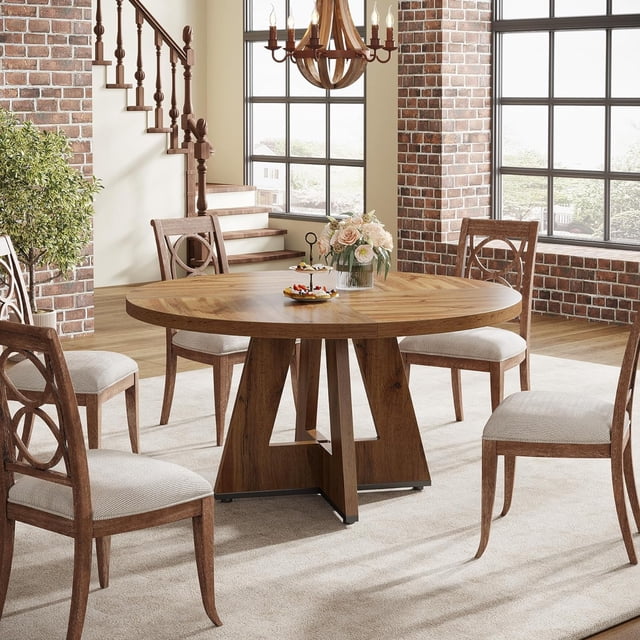 Tribesigns 47-Inch Round Dining Table for 4, Farmhouse Kitchen Table with Stylish Base & Wood Finish, Rustic Dinner Table for Dining Room, Home, Restaurant (Wood)