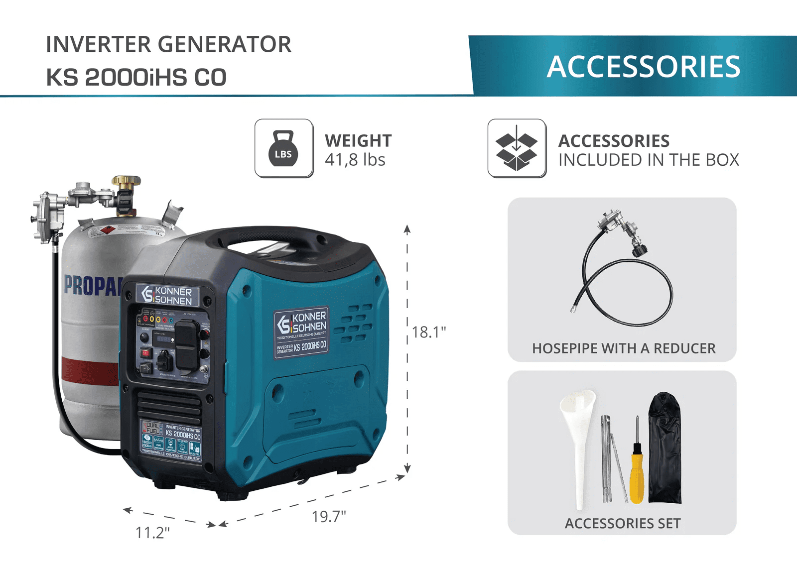 Konner & Sohnen 2000W Portable Inverter Generator Lightweight CO Sensor, Fuel-Efficient Technology, LPG/Gasoline for Camping Outdoor Home Backup