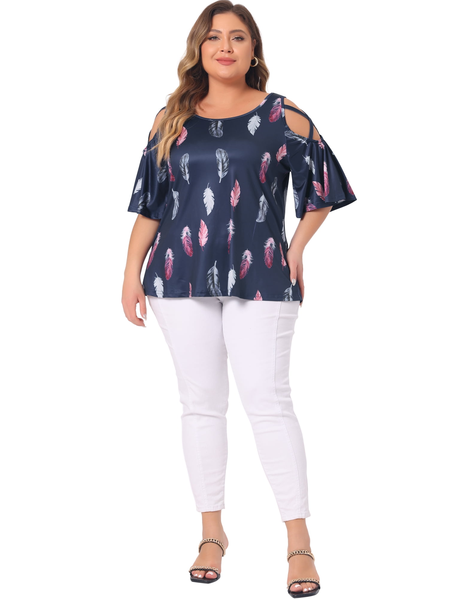DARING DIVA Women's Plus Cold Shoulder Feather Round Neck Summer Tops 4X Navy Blue