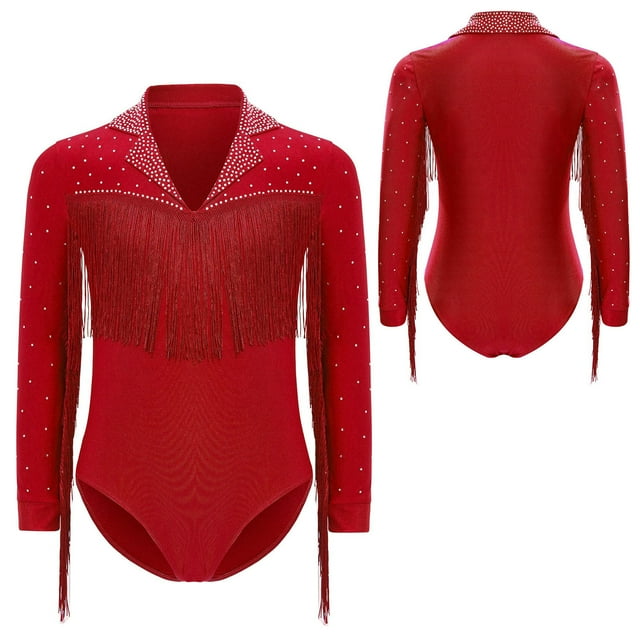 renvena Justaucorps de Ballet à Manches Longues pour Garçons, Tenue de Danse Latine Moderne, Rouge 16
