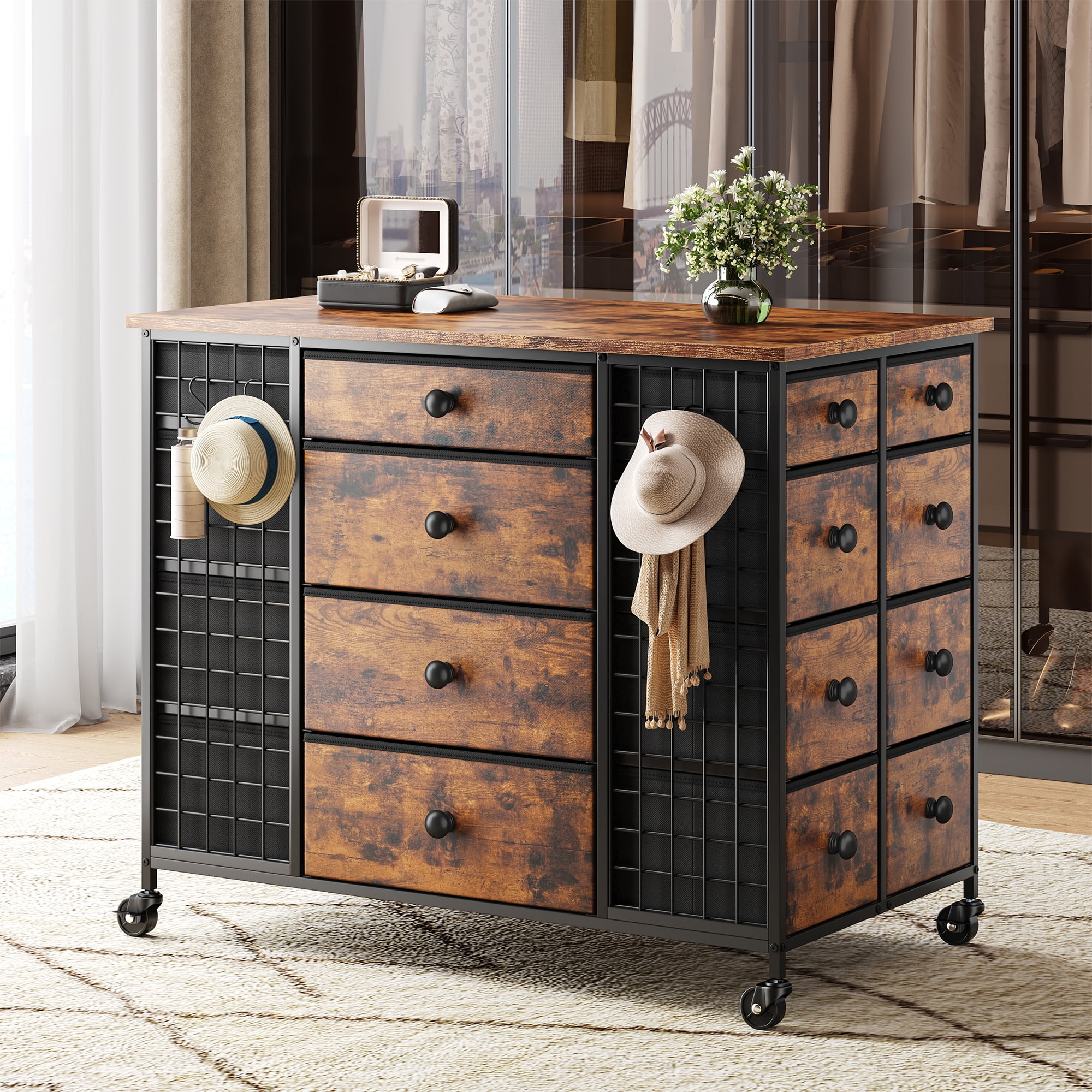 EnHomee 24 Drawers Dresser & Chests of Drawers Fabric dresser for Closet with Wheels,Rusric Brown