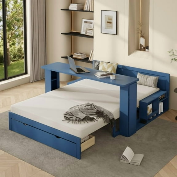 Full Size Daybed, Multifunctional Sofa Bed with Removable Desk, Storage Drawers and Hydraulic Side Table, Space Saving Furniture for Small Apartment, Guest Room or Home Office, Blue