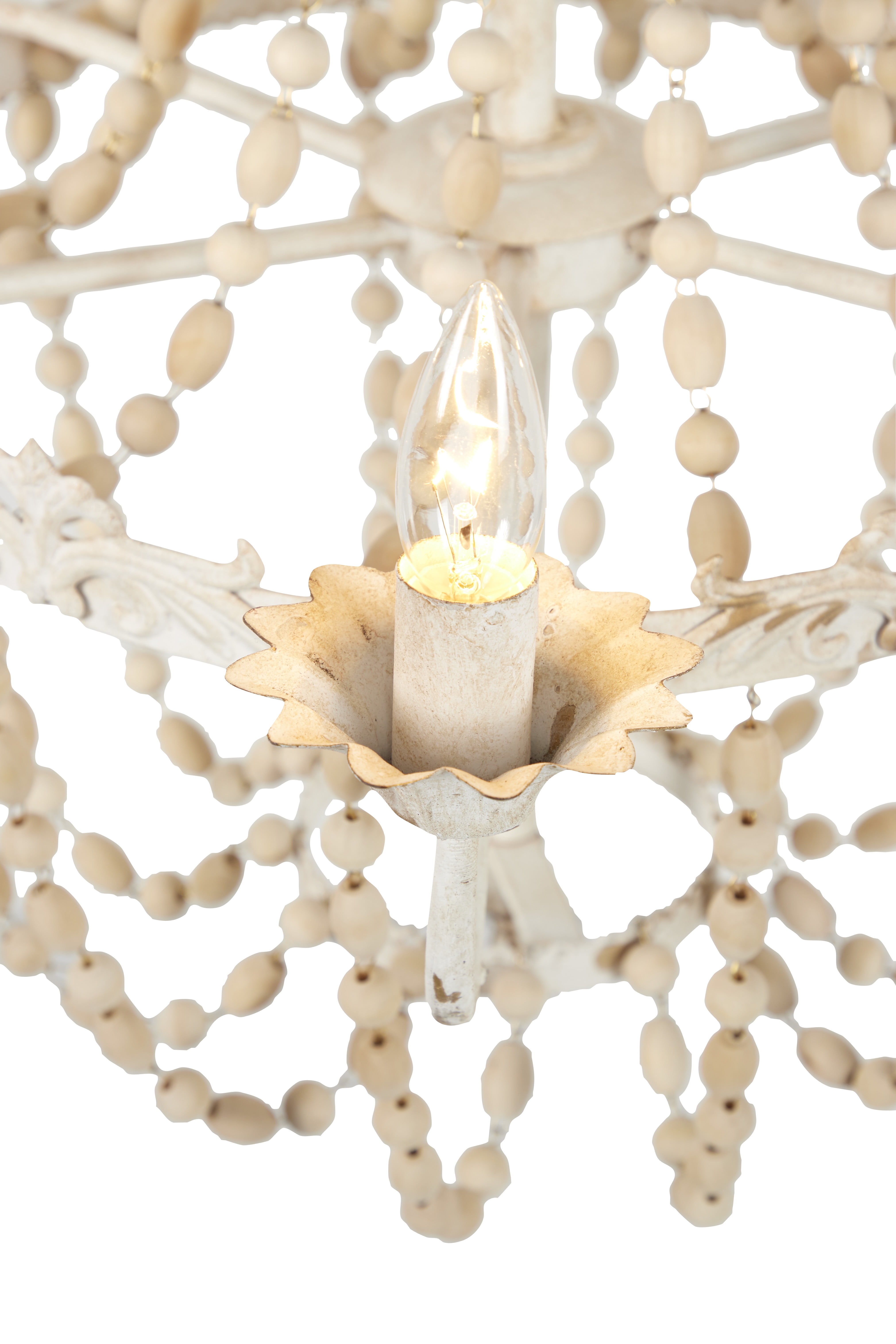 Decmode - Large White Metal and Wood Bead Chandelier, 30” x 34”