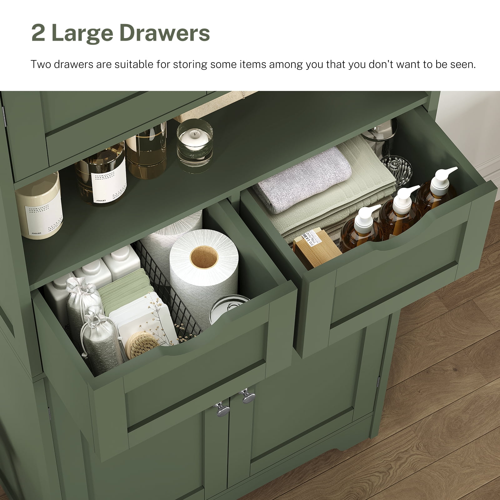 57.8" H Tall Bathroom Storage Cabinet with 2 Drawers & 2 Adjustable Shelves, Floor Cabinet with 4 Doors, Tall Cabinet for Living Room, Dining Room, Entryway, Forest Green