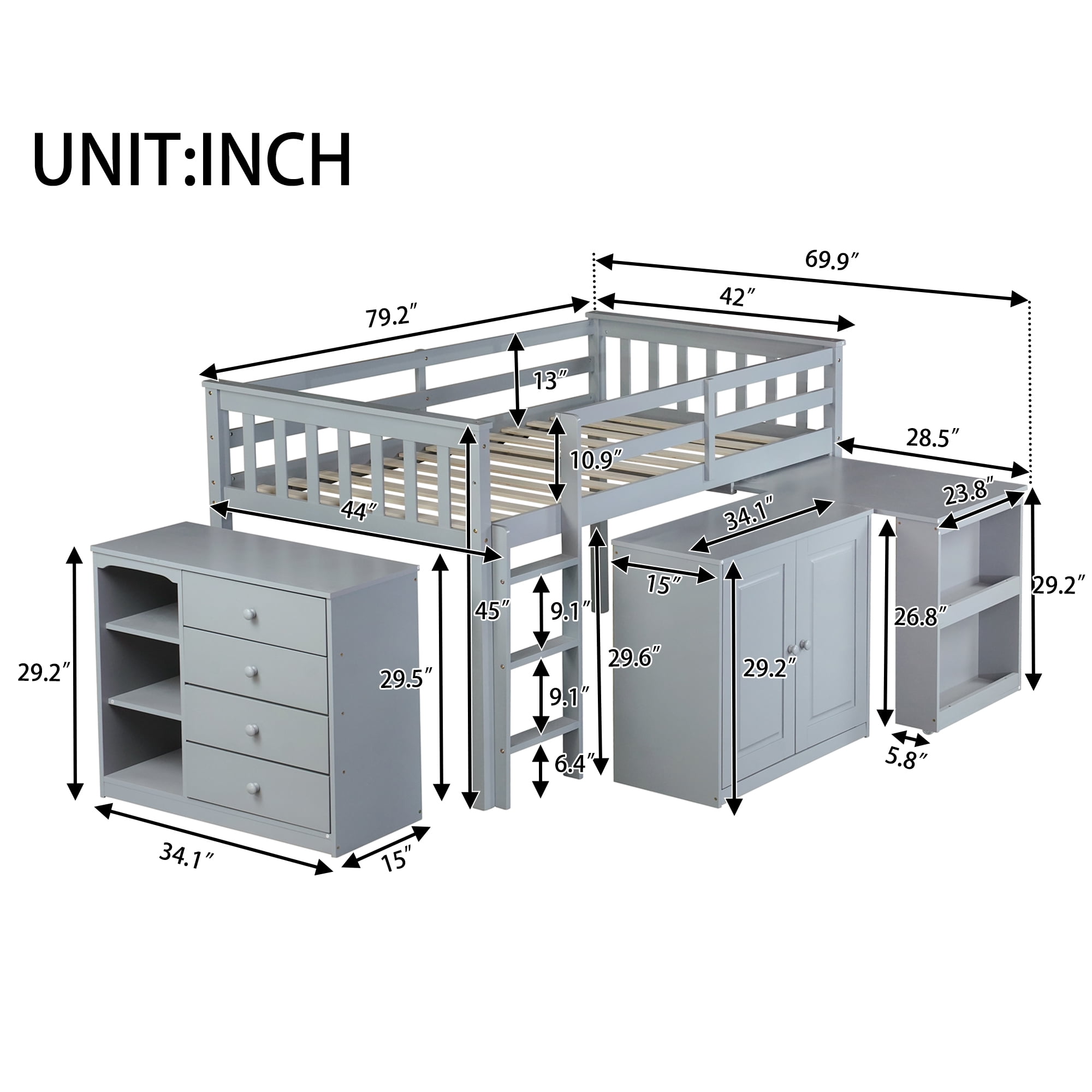 Sailvan Twin Loft Bed with Storage Cabinet, Drawer and Shelf Cabinet and Pulling-Out Desk