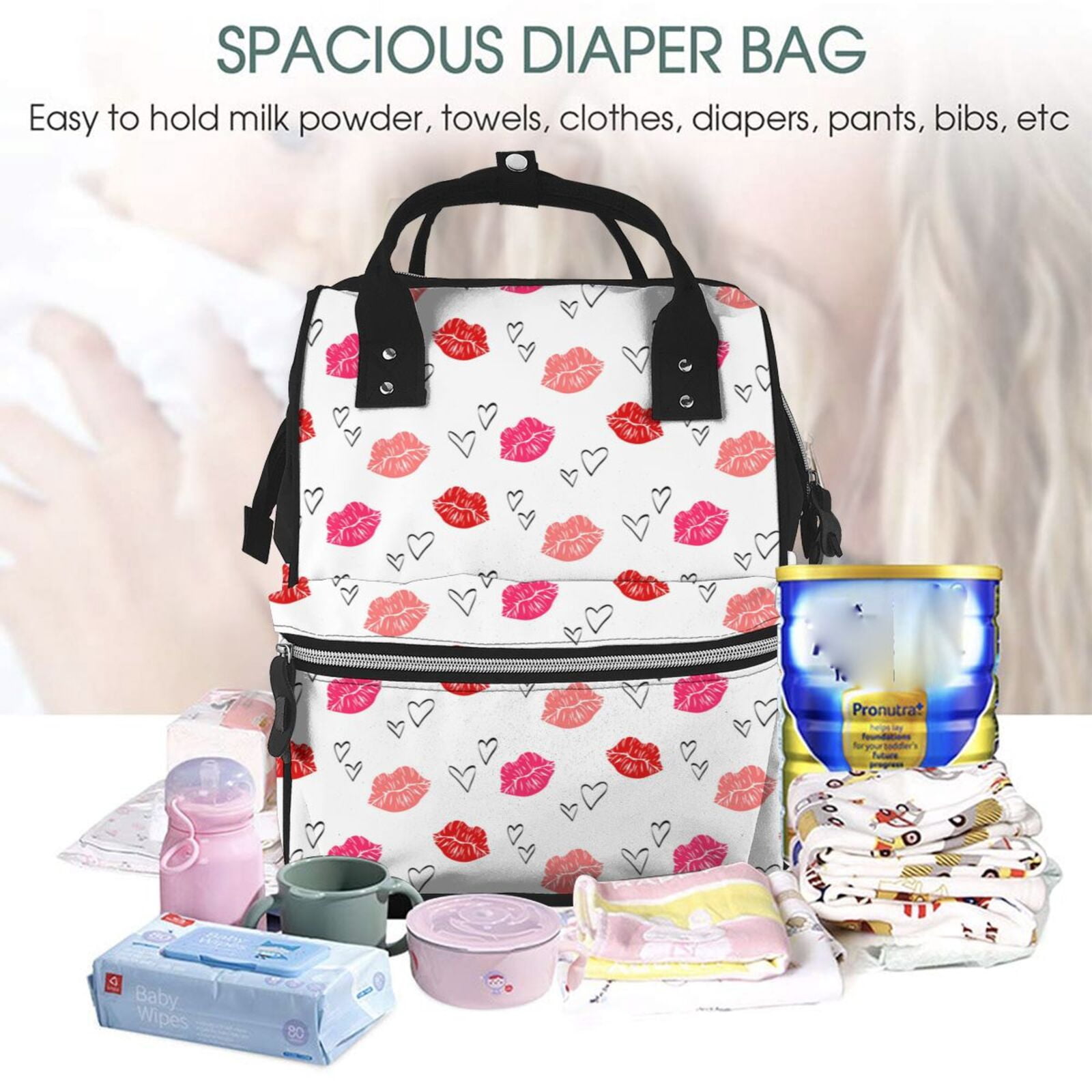 Ratiio Red Lips 1 Mummy Backpack - Waterproof Twill Canvas, Large Capacity Diaper Bag with Multiple Pockets and Adjustable Straps