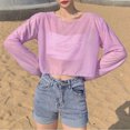 thumbnail image 2 of SELONE Cover ups for Swimwear Women Tops Long Sleeve Cutout Bathing Suit Crew Neck Cropped Outerwear Purple M, 2 of 5