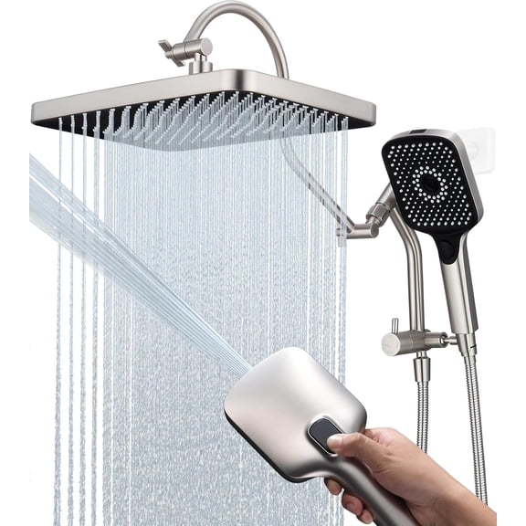 13 Inch Rainfall Shower Head with Multi-Function Handheld Sprayer Combo, 3-Way Metal Extended Diverter with Holder and Metal Adjustable Curved Shower Extension Arm, Extra Long Hose Brushed Nickel