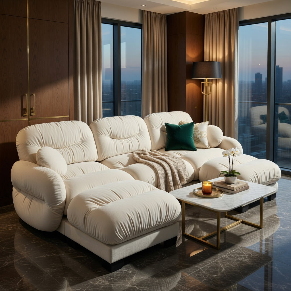 Hommoo Chenille U-Shaped Modular Sectional Sofa with Ergonomic Foam, Pleated Back Design, 3-Seat + 2 Ottomans + 2 Throw Pillows, Soft Cloud-Like Comfort, Beige