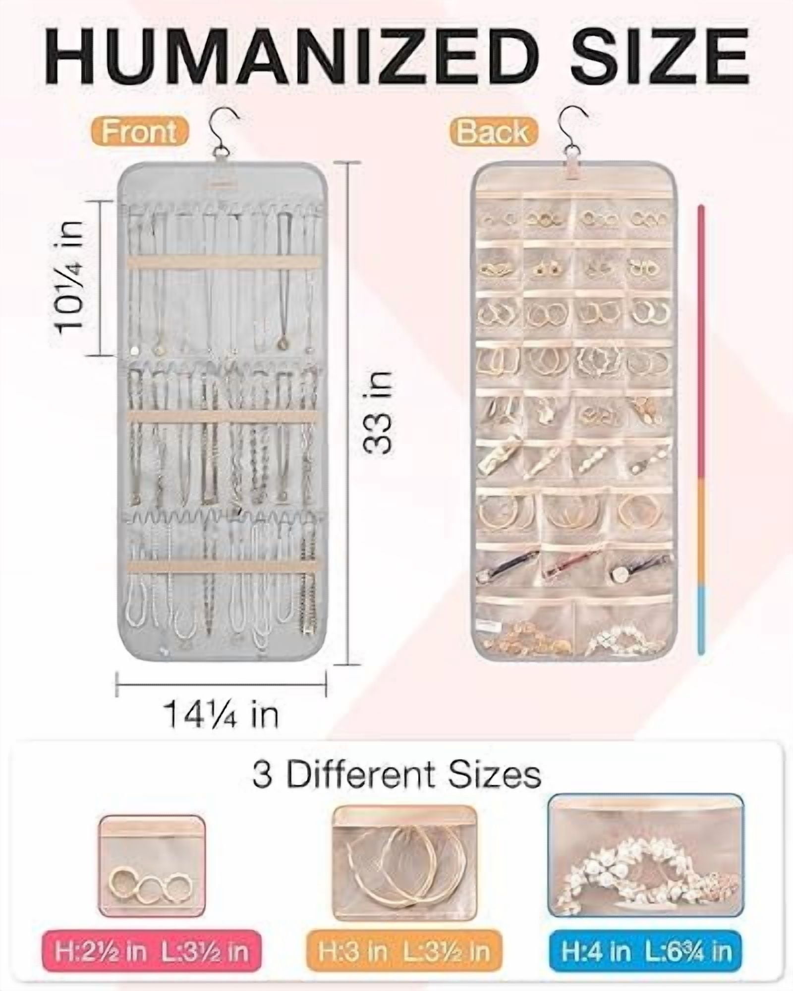 Hanging Jewelry Organizer Storage Roll with Hanger Metal Hooks Double-Sided Jewelry Holder for Earrings, Necklaces, Rings on Closet, Wall, Door, 1 piece, Large, Grey
