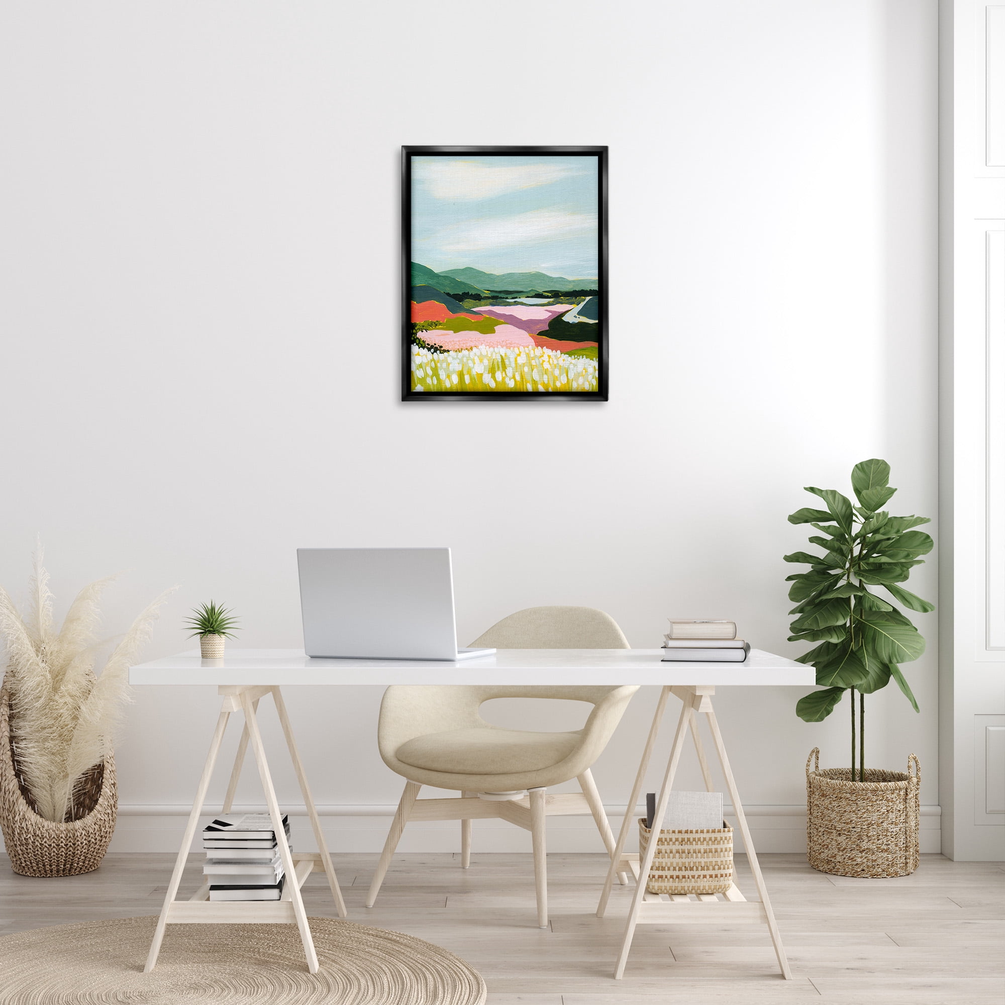 Stupell Industries Reeds & Distant Mountains Landscape Painting Black Floater Framed Canvas Art Print Wall Art, 25 x 31