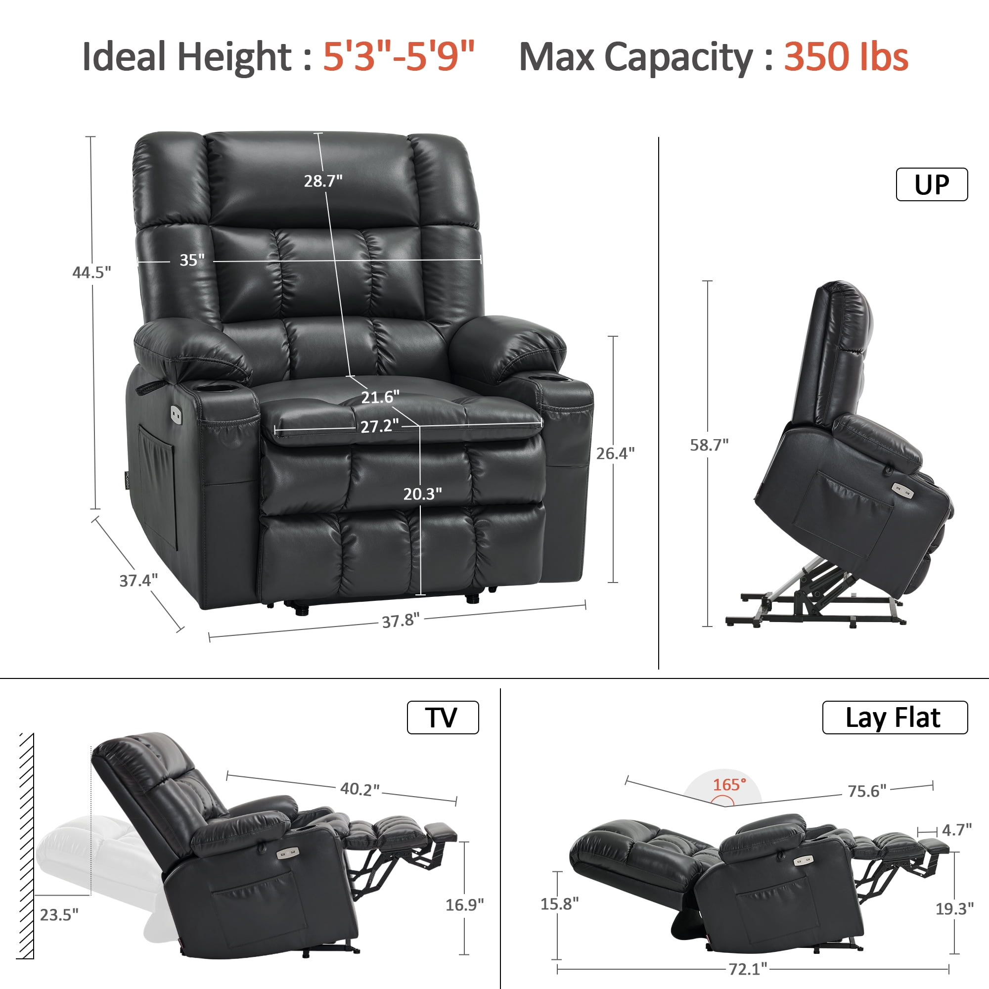 MCombo Dual Motor Power Lift Recliner Lay Flat for Big Elderly in Living Room, Faux Leather R7897  (Black, Medium-Wide)