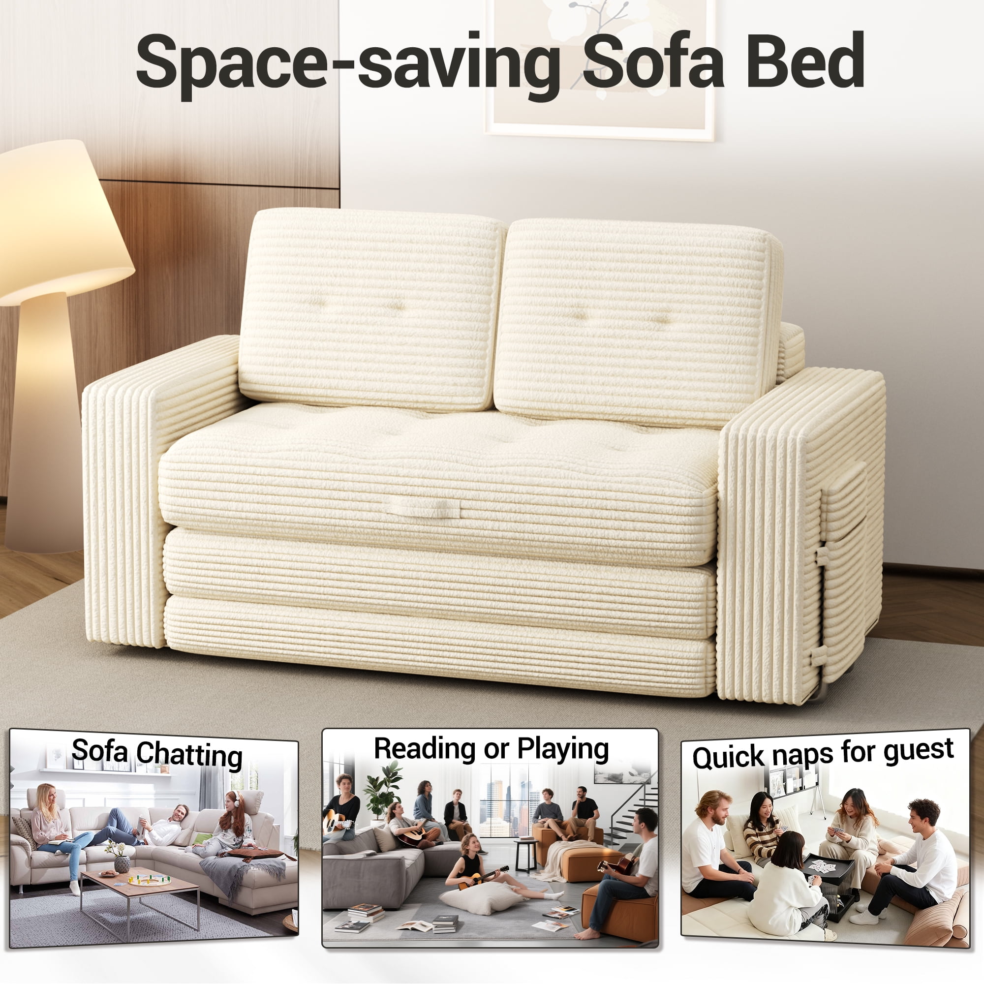 WENTUM Pull Out Loveseat Boneless Couch,Sleeper Sofa, Folding Couch Bed with Pillow for Living Room Bedroom, Beige