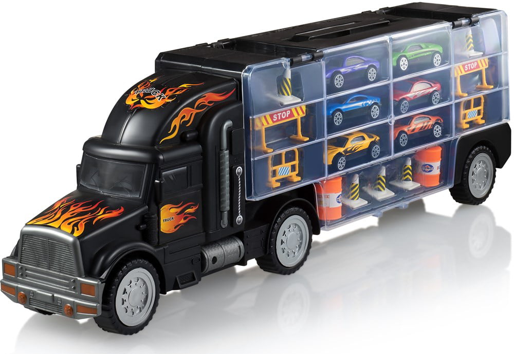 ToyVelt Transport Carrier Truck Toy for Boys Inside 1 Includes 6 Cars & Many Highway Accessories and 28, Additional Slots can be Used to Store hot Wheels, Matchbox Cars