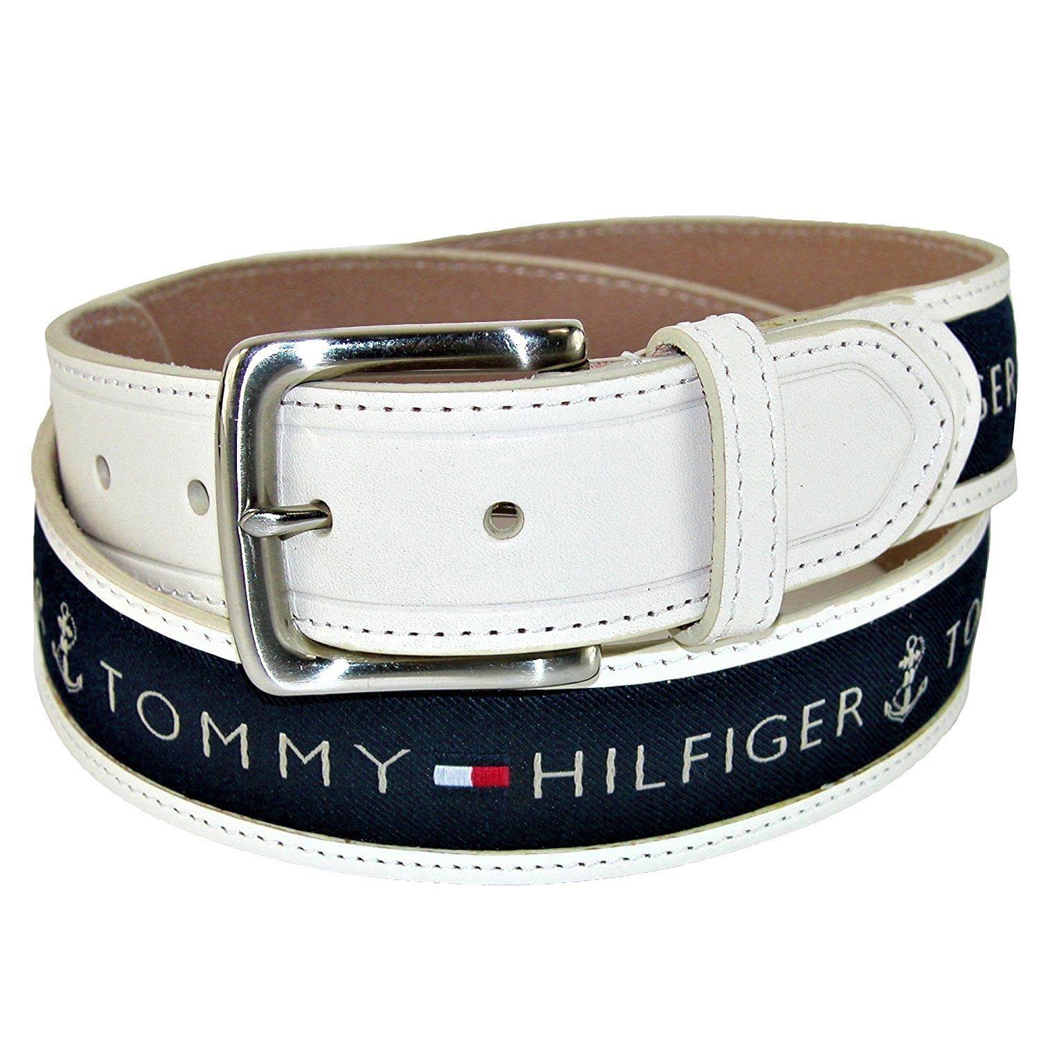 Tommy Hilfiger Men's 11TL02X032 Anchor Logo Ribbon Leather Belt Cream 30