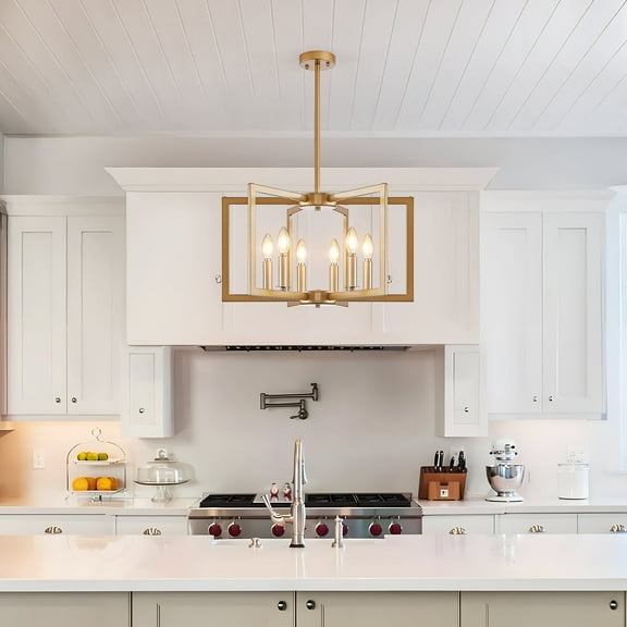 6-Light Chandelier in Gold Geometric Farmhouse Pendant Light with Adjustable Height, Industrial Cage Chandelier E12 Base for Kitchen Dining Room, Living Room, and Entryway