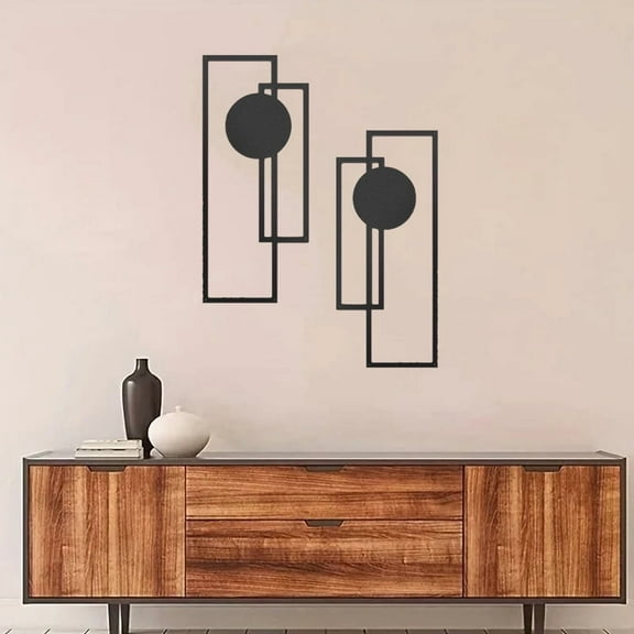 HELLOYOUNG 15.7 inch 2pcs Black Metal Wall Art Set wall Decoration suitable for Living Room/Dining Room Simple style Vertical Lines & Circular Motifs