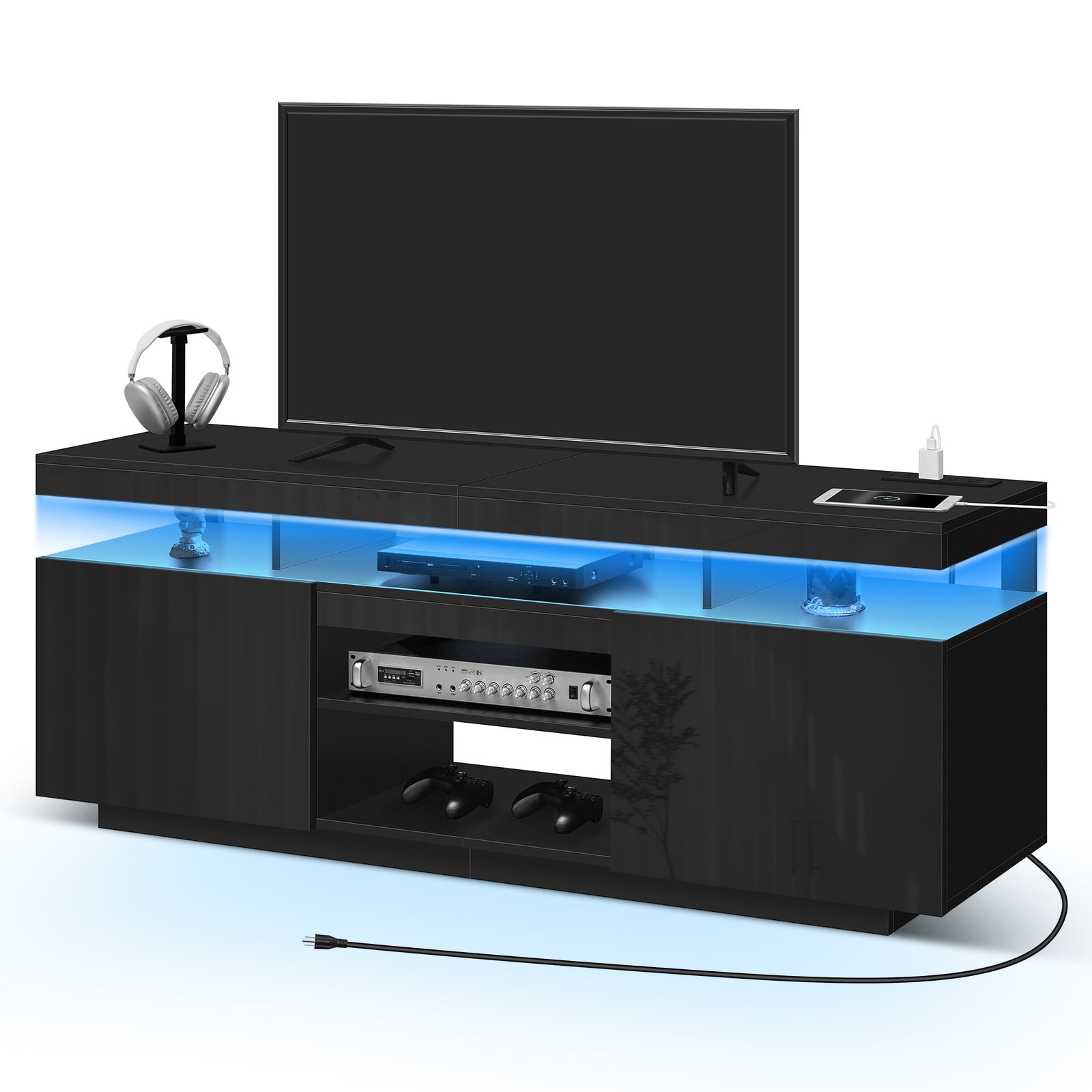 Modern TV Stand for TVs up to 70" with Charing Station & LED Lights Wood TV Cabinet Media Console for PS5 Gaming LED Entertainment Center